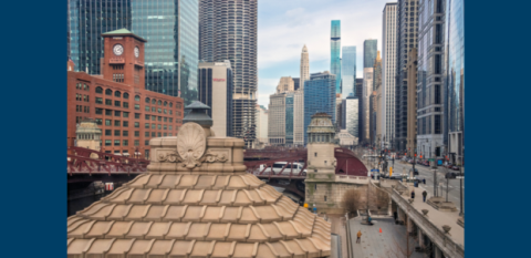 A view of Chicago skyline against a blue background.