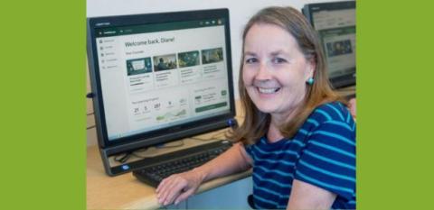 A banner shows a woman in front of the computer, eager to learn.